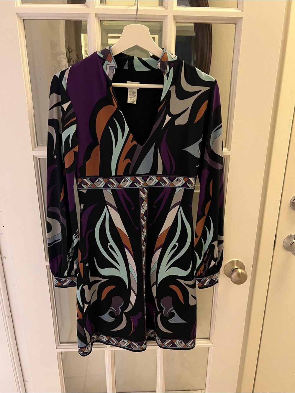 Cache Black Long-Sleeve Printed V-Neck Dress with Purple & Teal Accents